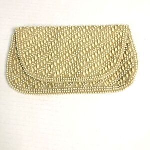 Vintage 50’s cream color beaded flap clutch bag classic elegant wedding 8x4 inch